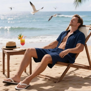 Herren-Strandset aus marineblauem Leinen mit Button-Down-Hemd und Kordelzug-Shorts