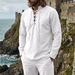 Detailed close-up of retro lace-up V-neckline and textured linen fabric on white shirt