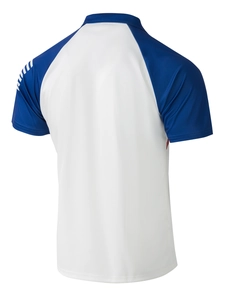 Back view of men's dry-fit polo shirt in white and navy blue contrast colors
