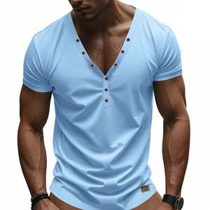 Detailed view of the V-neck button design and retro hem label on a blue men's Henley shirt