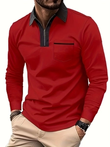 Detail of red long sleeve polo shirt with black contrast collar and zipper closure