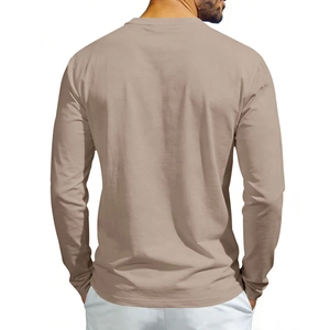 Close-up of khaki Henley shirt ribbed cuffs and premium knit fabric texture on the sleeve