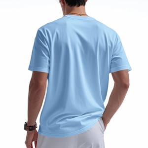 Rear view of light blue men's cotton short-sleeve shirt showing fit and casual tailoring