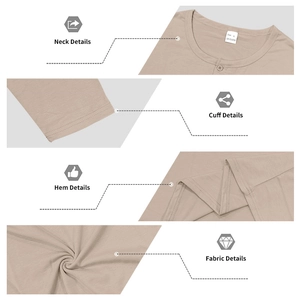 Detail view of khaki Henley long sleeve shirt showing neckline, stitching, and fabric texture