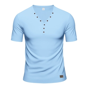 Detail of V-neck button closure and leather tag on light blue Henley shirt for men