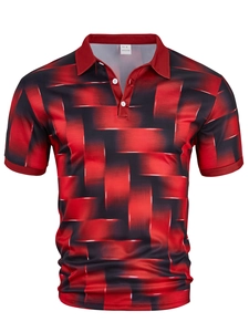 Polo da uomo con stampa geometrica 3D rossa e nera e colletto a rever alla moda