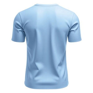 Back view of light blue short sleeve Henley shirt with smooth 3D fabric texture