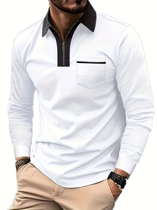 Detail of men's slim fit polo with contrast black collar and metal zipper neckline