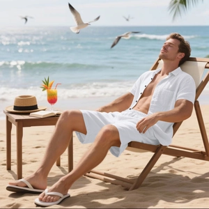 Herren Leinen-Set in Weiß mit Kurzarmhemd und Tunnelzug-Shorts auf einer Strandliege