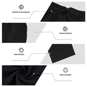 Detalle de pantalones de lino negros con cintura elástica con cordón, bolsillos y textura de tela