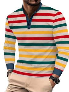 Maglietta Polo da Uomo a Righe Manica Lunga Casual Scollo Henley Vestibilità Aderente Moda Stile Americano Top Primavera Autunno