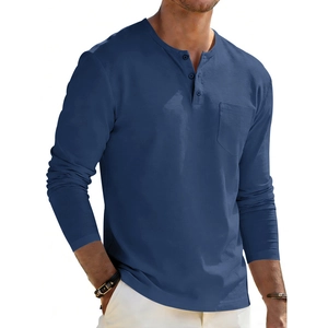 Detail of navy blue Henley shirt with three-button placket and front chest pocket