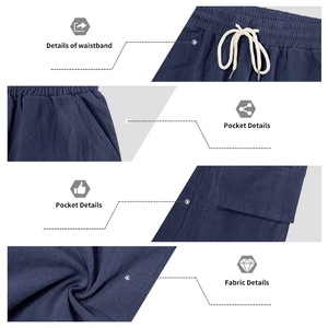 Detail view of navy blue cargo shorts featuring elastic drawstring waist and linen fabric