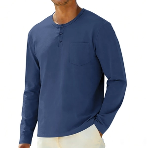 Close-up of navy blue Henley shirt featuring three-button placket and chest pocket