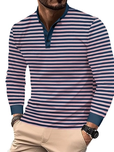 Maglia Henley uomo slim fit a maniche lunghe con righe orizzontali rosa e blu navy