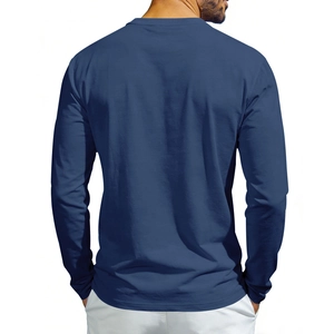 Detailed back view of men's navy blue long sleeve t-shirt showing fit and fabric texture