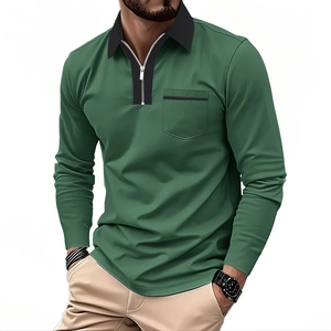 Detail of forest green long sleeve polo shirt featuring black collar and zipper neckline