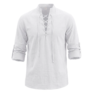 Detailed macro shot of white linen Henley shirt featuring lace-up V-neck and rolled sleeves