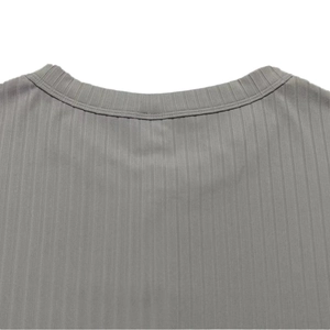 Detail of the grey knitted Henley shirt collar with ribbed texture and clean seams