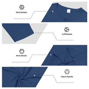 Detailed views of the neck, cuffs, hem and fabric texture of this navy Henley shirt