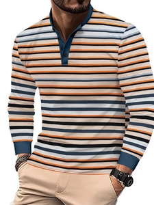 T-shirt Henley da uomo a maniche lunghe con strisce colorate orizzontali in stile americano