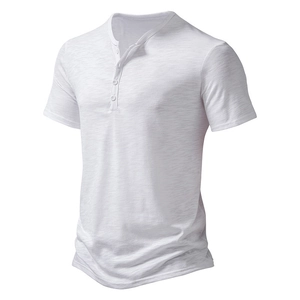 White linen cotton blend Henley shirt for men with short sleeves and three-button neckline