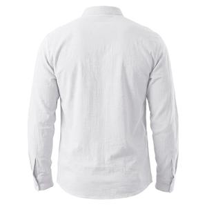 Detailed back view of white cotton linen long sleeve shirt with stand collar and button cuffs