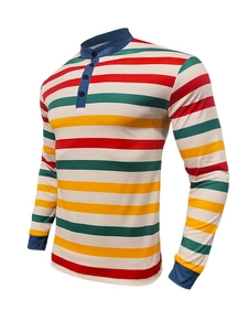 Camicia Henley da uomo a righe colorate con maniche lunghe e finiture blu navy