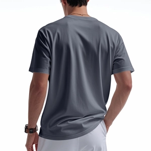 Rear view of loose fit grey short sleeve Henley shirt with button detail on back