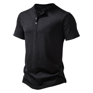 Men's black short sleeve Henley shirt with three-button placket and textured fabric