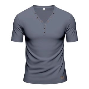 Detail of grey-blue Henley t-shirt featuring V-neck buttons and woven hem label