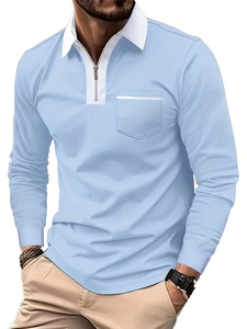 Men's Slim Fit Long Sleeve Polo Shirt Zipper Lapel Color Block Patchwork Casual Breathable Bird's Eye Fabric Top