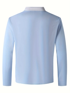 Men's slim fit long sleeve light blue polo shirt with white contrast collar back view