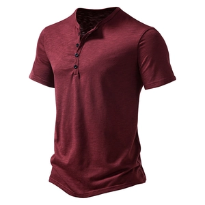 Men's cotton linen Henley shirt in burgundy with casual short sleeves and three buttons