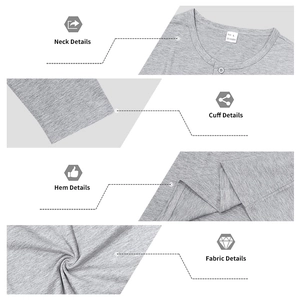 Detail view showing Henley shirt neck, cuffs, hem, and 100% polyester fabric texture