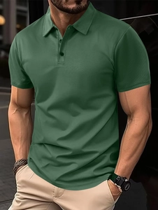 Classic dark green short sleeve polo shirt for men in breathable pique cotton fabric