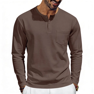 Detail shot of men's dark brown Henley shirt featuring a classic 3-button placket and chest pocket