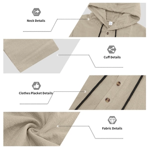 Detailed views of khaki linen hooded shirt showing fabric texture and button collar details