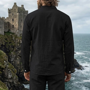 Rear view of black linen Henley shirt with mandarin collar and white buttons