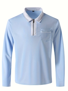 Slim fit long sleeve light blue polo shirt with white collar and zipper for men