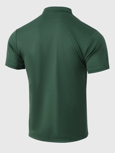 Back view of a dark green short-sleeved polo shirt with breathable knit texture