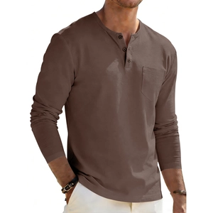 Detail of coffee brown long sleeve Henley shirt with three-button placket and chest pocket