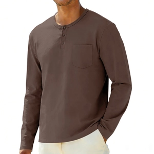 Detailed view of the dark brown Henley shirt featuring a three-button placket and chest pocket