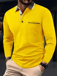 Polo de hombre de manga larga amarillo brillante con cuello gris y bolsillo frontal