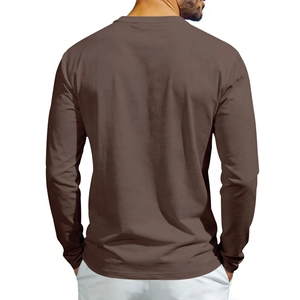 Back view of a men's chocolate brown long-sleeve Henley T-shirt in a slim fit design
