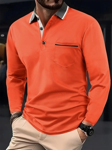Polo de manga larga para hombre en naranja vibrante con detalle de cuello gris