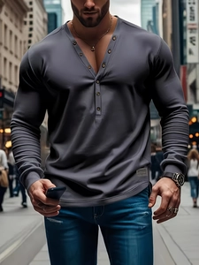 Slim fit men's long sleeve Henley t-shirt in dark gray with ribbed cuffs and V-neck