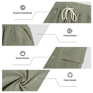 Detail view of olive green linen cargo shorts showing elastic drawstring and fabric texture