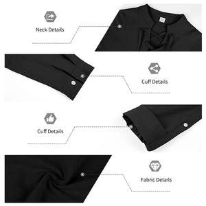 Detail view of the lace-up neckline, button cuffs, and textured fabric of the linen shirt