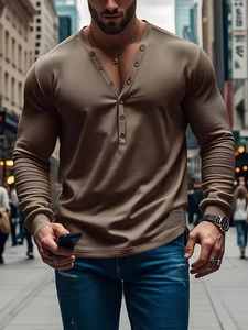 Mens slim fit long sleeve Henley T-shirt in coffee brown with five button V-neck design